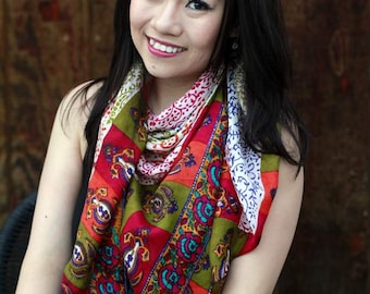 Block Printed Silk Scarf - Large Square Scarf For Women - Soft Silky Scarf - Printed Silk Wrap - Casual Silk Head Scarf