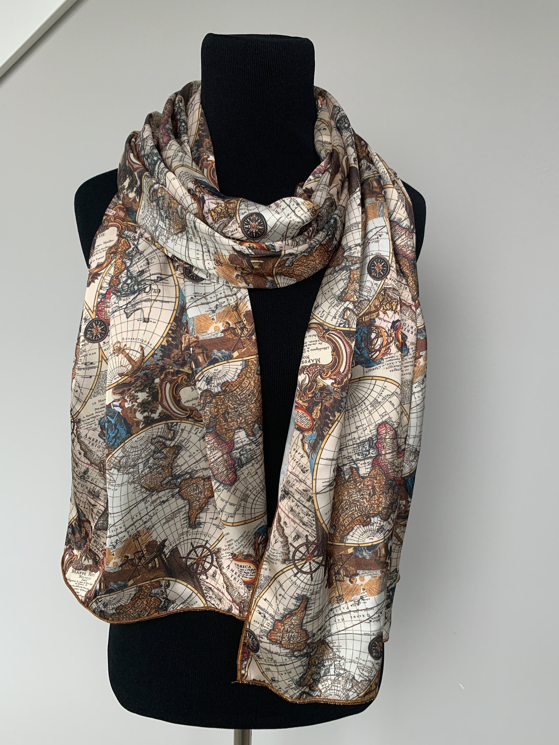Printed Map Scarf-world Map Silk Scarf-travel Map Scarf-silk - Etsy