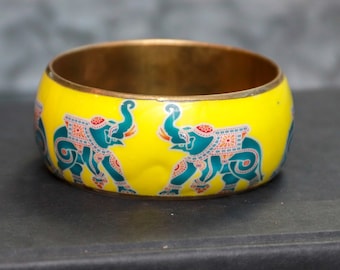 Yellow Enamel Chunky Elephant Bangle - Vintage Brass Retro Indian Tribal Bracelet