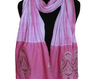 Pink Block Printed Hand-dyed cotton scarf - Oblong Tie and Dye Scarf