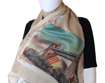 Beige Cashmere Pashmina Scarf – Organic Shawl, Winter Blanket Wrap, London Bridge Print Christmas Gift