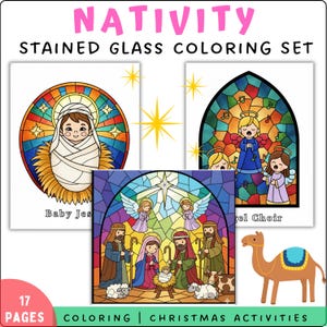 May include: A Nativity stained glass coloring set with 17 pages. The set includes illustrations of Baby Jesus, an angel choir, and the Nativity scene. The images are in a stained glass style with bright colors and outlines.