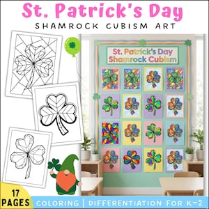 Puede incluir: Una exhibición de obras de arte con temática del Día de San Patricio. El título dice "St. Patrick's Day Shamrock Cubism Art". La exhibición incluye páginas para colorear de tréboles y ejemplos de arte cubista de tréboles coloridos. Un gnomo verde sostiene un trébol. El texto dice "17 PAGES COLORING | DIFFERENTIATION FOR K-2."