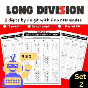 SET 2: Long Division Practice 2-Digit by 1-Digit with and no Remainders on Graph Paper ,Worksheets printable for 3 - 4 Grade & homeschool