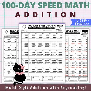 Può includere: Un set di schede didattiche di matematica di 100 giorni per addizioni a più cifre con riporto. Le pagine includono una griglia per oltre 3.000 problemi, un tracker dei giorni e un'illustrazione di un gatto nero con fiocco rosa.
