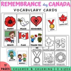 Può includere: Una raccolta di schede di vocabolario per il Giorno della Memoria con illustrazioni e testo. Le schede presentano immagini di un papavero, una colomba, un cuore, una medaglia, una foglia d'acero e altro. Il testo include parole come "Papavero", "Pace" e "Ricorda".