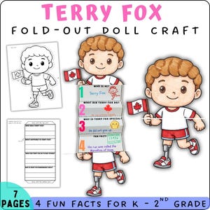 Könnte beinhalten: Ein Terry Fox Bastelset für eine Faltpuppe mit einer druckbaren schwarz-weißen Vorlage, einer farbigen Illustration eines Jungen mit Beinprothese, der eine kanadische Flagge hält, und einem vierteiligen, ziehharmonikaartigen Informationsblatt.