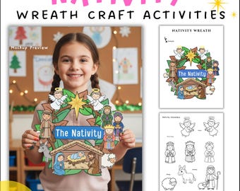 Könnte beinhalten: Ein junges Mädchen hält einen farbenfrohen Krippenkranz. Der Kranz zeigt Illustrationen von Engeln, der Heiligen Familie und den Heiligen Drei Königen. Das Bild enthält den Text "Nativity Wreath Craft Activities" und "Coloring | Color".