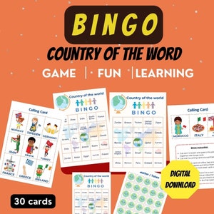 País do mundo Bingo, País para impressão Bingo, aprenda sobre o país no mundo Bingo para impressão para crianças, Cartões de Bingo do mundo para impressão,