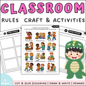Puede incluir: Un conjunto de actividades para el aula con el título "CLASSROOM RULES CRAFT & ACTIVITIES" en rosa. El conjunto incluye páginas para actividades de "MALA ELECCIÓN" y "BUENA ELECCIÓN", con ilustraciones de niños que demuestran varios comportamientos. También se muestra un niño con un disfraz de dinosaurio verde.