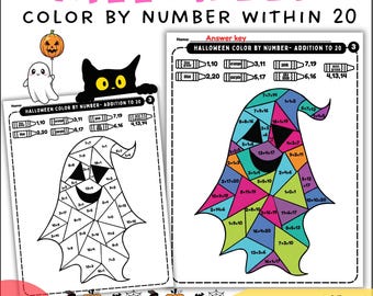 May include: Halloween-themed color-by-number activity sheets. The pages feature a ghost and a completed ghost image with colors. The text on the pages reads "Halloween Color by Number Within 20" and "Addition - Subtraction - Mixed Within 20".