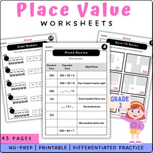 May include: Educational worksheets titled "Place Value" with examples for Grade 2. The worksheets include sections on ordering numbers, base-10 blocks, and mixed review. The image features a cartoon girl pointing to the "Grade 2" section.
