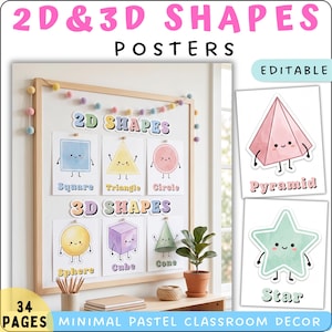 May include: A set of 34 educational posters featuring 2D and 3D shapes with pastel watercolor illustrations and cute faces. The posters display a square, triangle, circle, sphere, cube, cone, pyramid, and star with their names printed below each.