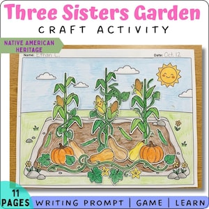 Puede incluir: Una hoja de actividades manuales Three Sisters Garden con una ilustración coloreada de tallos de maíz, calabazas y frijoles en un huerto. La página incluye un sol sonriente, nubes y espacios para el nombre y la fecha. Texto: Three Sisters Garden.
