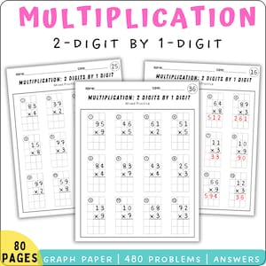May include: Three white worksheets titled Multiplication: 2 Digits by 1 Digit with numbered math problems arranged in grids. The pages include spaces for names and dates, with some problems showing red handwritten answers and page numbers.