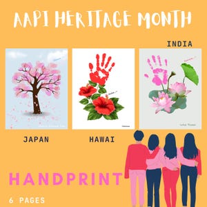 Könnte beinhalten: AAPI Heritage Month Handabdruck-Aktivität mit Illustrationen eines Kirschbaums, einer Hibiskusblüte und einer Lotusblüte. Der Text "JAPAN", "HAWAII" und "INDIA" befindet sich unter jeder Illustration. Der Text "HANDABDRUCK" ist in rosa Buchstaben und der Text "6 SEITEN" darunter.