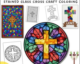 May include: A collection of Ash Wednesday stained glass cross craft coloring pages. The image includes examples of finished stained glass crosses, coloring pages, and a circular stained glass design with a yellow cross.