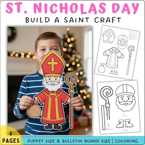 May include: A child holds a colorful St. Nicholas Day craft. The craft includes a red and gold Saint figure with a staff and a bag. The image also shows coloring pages with Saint-related elements. Text reads "ST. NICHOLAS DAY BUILD A SAINT CRAFT".