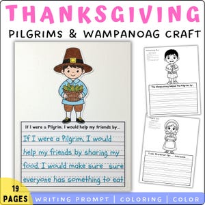 Puede incluir: Manualidad temática de Acción de Gracias con el texto "Pilgrims & Wampanoag Craft". La imagen presenta un dibujo de un peregrino con una cesta de maíz, indicaciones de escritura y páginas para colorear. El texto dice: "Si yo fuera un peregrino, ayudaría a mis amigos..."