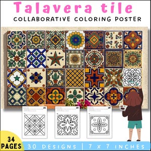Cinco de Mayo Talavera Tile Collaborative Coloring Poster | 30 designer | Mexikansk folkkonst (PDF)