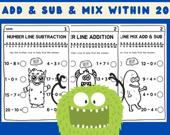 Number Line Addition & Subtraction Worksheets: K-1st Grade (Digital Download)