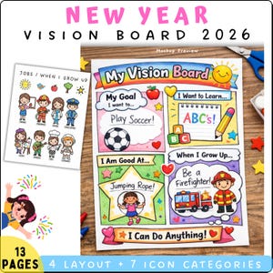 Könnte beinhalten: Ein farbenfrohes Vision Board mit dem Text "NEW YEAR VISION BOARD 2026". Das Board enthält Abschnitte für Ziele, Lernen und zukünftige Bestrebungen, mit Illustrationen eines Fußballs, des ABCs und eines Feuerwehrmanns. Die Worte "13 PAGES 4 LAYOUT + 7 ICON CATEGORIES" sind ebenfalls sichtbar.