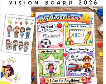 2026年 子ども向けビジョンボード | 新年の目標設定アクティビティ | 切り貼りぬり絵 | PDF