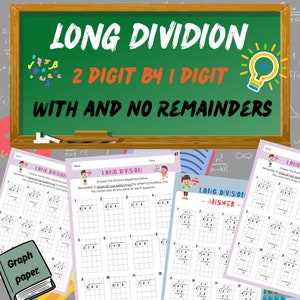 Może przedstawiać: Drukowana karta pracy z kolorowym tłem tablicy i grafiką żarówki. Karta pracy nosi tytuł "Long Division 2 Digit by 1 Digit with and No Remainders". Karta pracy zawiera 12 zadań z długiego dzielenia z siatką, która pomaga rozwiązać problemy.