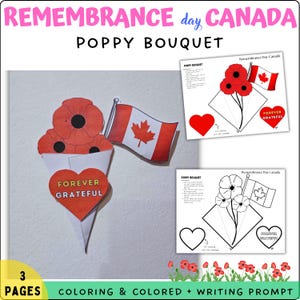 Può includere: Un lavoretto per il Remembrance Day Canada con un bouquet di papaveri, la bandiera canadese e le parole "Forever Grateful". L'immagine include suggerimenti per colorare e scrivere. Il testo recita "3 Pages Coloring & Colored + Writing Prompt."