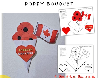 May include: A Remembrance Day Canada craft featuring a poppy bouquet, Canadian flag, and the words "Forever Grateful." The image includes coloring and writing prompts. The text reads "3 Pages Coloring & Colored + Writing Prompt."