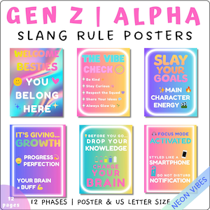 Gen Z and Gen Alpha Slang Classroom Posters | Neon Gradient Classroom Decor | Growth Mindset, Rules & Motivation Signs | Instant download
