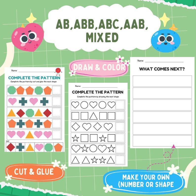 May include: A colorful educational worksheet with the text "AB, ABB, ABC, AAB, MIXED." The worksheet includes pattern completion exercises with shapes and colors, and prompts to "Draw & Color," "Cut & Glue," and "Make Your Own." A pink heart and blue planet are also featured.