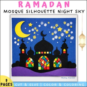 Puede incluir: Un proyecto de manualidades con temática de Ramadán con una silueta de mezquita negra sobre un cielo nocturno azul, con una luna creciente amarilla, estrellas y luces decorativas. El texto "RAMADAN MOSQUE SILHOUETTE NIGHT SKY" está en la parte superior.
