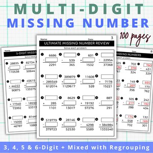 Puede incluir: Un cuaderno educativo de 100 páginas titulado Multi-Digit Missing Number que contiene hojas de ejercicios de matemáticas con problemas de suma y resta. Las páginas incluyen ejercicios numerados con casillas en blanco para los dígitos faltantes.