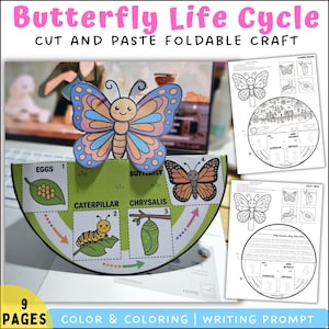 May include: A butterfly life cycle craft kit. The kit features a cut-and-paste foldable craft illustrating the butterfly life cycle stages: eggs, caterpillar, chrysalis, and butterfly. Also included are coloring pages and a writing prompt. The text reads 'Butterfly Life Cycle'.