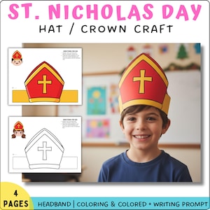 Może przedstawiać: Rękodzieło kapelusza na dzień św. Mikołaja z napisem "ST. NICHOLAS DAY HAT / CROWN CRAFT". Rękodzieło zawiera czerwono-żółty kapelusz ze złotym krzyżem i chłopca w kapeluszu. Rękodzieło zawiera również kolorowankę i zachętę do pisania.