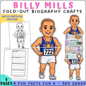 Könnte beinhalten: Ein Billy Mills Falt-Biografie-Bastelset für die Klassen K-3 mit 9 Seiten. Enthält eine farbige Illustration eines Läufers im blauen USA-Tanktop mit der Nummer 722 und einer Goldmedaille, eine Schwarz-Weiß-Malvorlage und ein faltbares Faktenblatt.