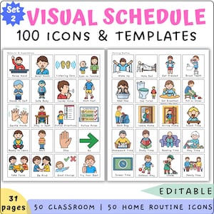 Puede incluir: Un conjunto de horarios visuales con 100 iconos y plantillas para rutinas de aula y hogar. El texto rosa dice "VISUAL SCHEDULE" y "100 ICONS & TEMPLATES". El horario incluye iconos para el comportamiento, las expectativas y las rutinas matutinas. El texto inferior dice "EDITABLE".