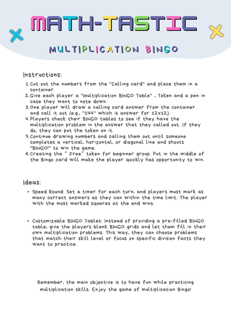 Multiplication Bingo Game: Math Facts 1-12 (PDF Printable) - Etsy