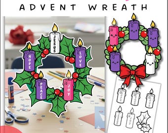 May include: A Christmas Advent wreath illustration with purple, pink, and white candles, holly leaves, and red berries. The candles have the words "Hope", "Peace", "Joy", and "Love". The text "Christmas Advent Wreath" is at the top.