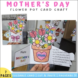 May include: A handmade Mother's Day card craft featuring a flower pot design with flowers, butterflies, and a bee. The card reads "Happy Mother's Day" and includes a message from "Liam". The craft is a foldable card with 7 pages.