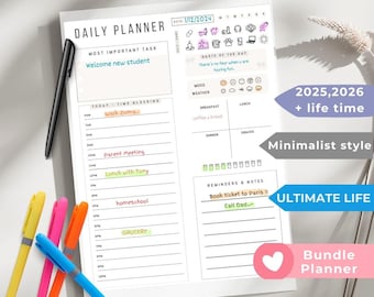 May include: A printable daily planner with a minimalist design. The planner is titled "Printable ADHD Planner" and features a date of 1/12/2024. The planner includes sections for "Most Important Task", "Quote of the Day", "Mood", "Weather", "Time Blocking", "Reminders & Notes", and more. The planner is designed for use in 2025, 2026, and beyond. The planner is 8.5 x 11 inches and is available in A5 and US Letter sizes.