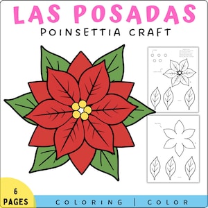 Puede incluir: Ilustración de una manualidad de flor de Pascua con el texto "LAS POSADAS" en rosa. La imagen incluye una gran flor de Pascua roja con hojas verdes y páginas para colorear con contornos de flores y hojas.