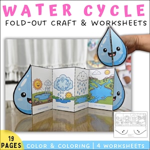 May include: A fold-out craft and worksheet set titled "WATER CYCLE." The set features illustrations of the water cycle stages: evaporation, condensation, precipitation, and collection. The set includes 19 pages for color and coloring, and 4 worksheets.