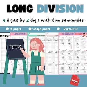 Long Division worksheet 4-Digit by 2-Digit with & no Remainders, detail answer, on Graph paper, For 4th, 5th, 6th grade and homeschool