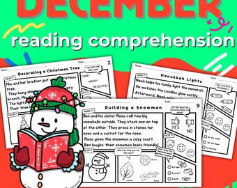 May include: A colorful educational worksheet set for kindergarten and 1st grade, featuring a snowman reading a book. The worksheets include reading comprehension exercises with holiday themes like Christmas and Hanukkah. The title reads "DECEMBER reading comprehension".