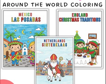 Może przedstawiać: Zestaw kolorowanek o tematyce bożonarodzeniowej z ilustracjami z całego świata. Okładki przedstawiają tytuły "Mexico Las Posadas", "England Christmas Traditions" i "Netherlands Sinterklaas". Na zdjęciu widnieje również napis "30 stron" i "20 krajów + 5 świąt".
