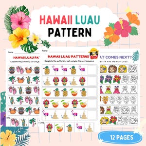 Könnte beinhalten: Ein farbenfrohes Arbeitsblatt mit dem Titel "HAWAII LUAU PATTERN" mit verschiedenen Mustern zum Ausfüllen durch Schneiden und Kleben. Das Arbeitsblatt zeigt Bilder von Ananas, Flamingos und tropischen Blumen. Der Text "12 PAGES" ist sichtbar.
