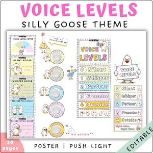 Op de afbeelding: Een kleurrijke educatieve posterset met een "Silly Goose" thema. De poster bevat spraakniveaukaarten, meters en labels voor verschillende spreekvolumes, zoals "Silent Goose" en "Whisper Goose". De tekst "Voice Levels" wordt weergegeven in grote roze letters.
