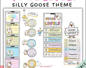 May include: A colorful educational poster set with a "Silly Goose" theme. The poster includes voice level charts, meters, and labels for different speaking volumes, such as "Silent Goose" and "Whisper Goose". The text "Voice Levels" is displayed in large pink letters.